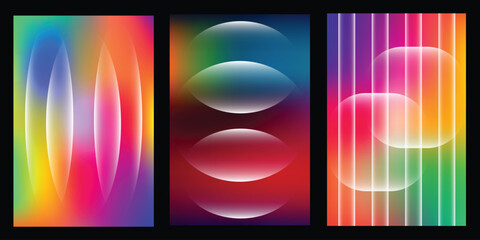 Fototapeta premium Set of three holographic gradient backgrounds with translucent shapes