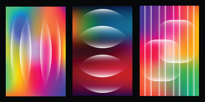 Set of three holographic gradient backgrounds with translucent shapes