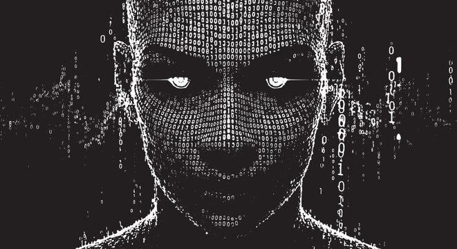 Artificial intelligence concept with human face composed of binary code. Digital cyborg head silhouette representing machine learning and data processing