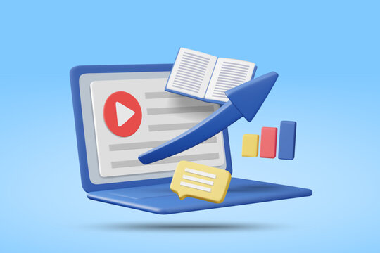 3d vector online learning and video content growth concept on laptop with floating open book upward arrow bar graph and chat bubble for digital marketing education and tutorial business design