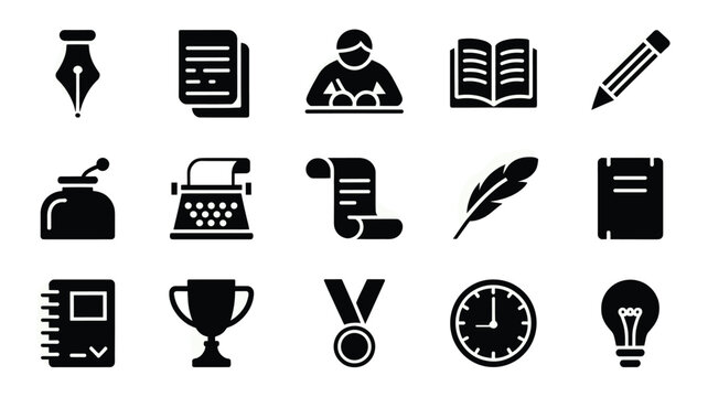 Set of 15 Black Flat Storytelling and Writing Vector Icons