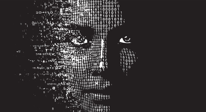 Artificial intelligence concept with human face composed of binary code. Digital cyborg head silhouette representing machine learning and data processing
