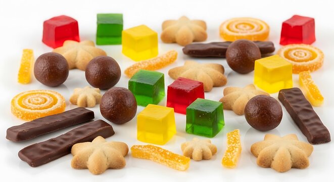 Assorted colorful sweet candies and cookies.