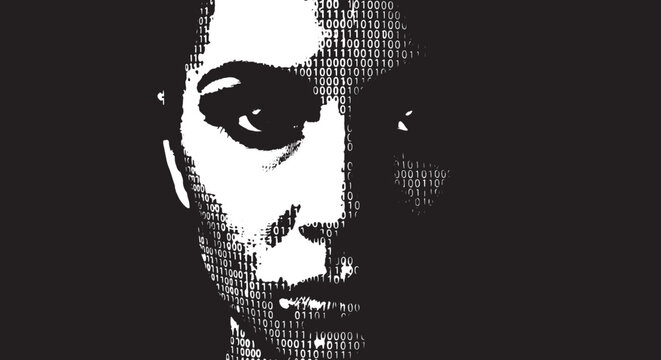 Artificial intelligence concept with human face composed of binary code. Digital cyborg head silhouette representing machine learning and data processing
