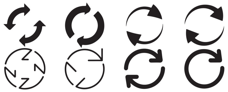 Chunky black circular reload and rotate arrow icons for mobile app interface. vector illustration eps 10
