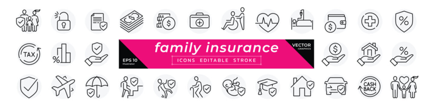 Professional line icon set of family insurance, healthcare, life protection, investment, and retirement planning. Vector illustration with editable stroke for web and mobile UI.