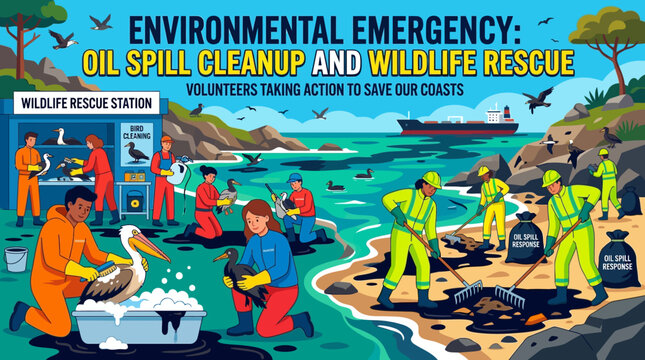 Dedicated volunteers clean oil spills and rescue affected wildlife during a major environmental emergency relief effort