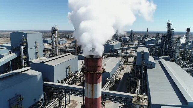 Aerial view of a large industrial factory with a red and white smokestack billowing clouds of smoke into the sky