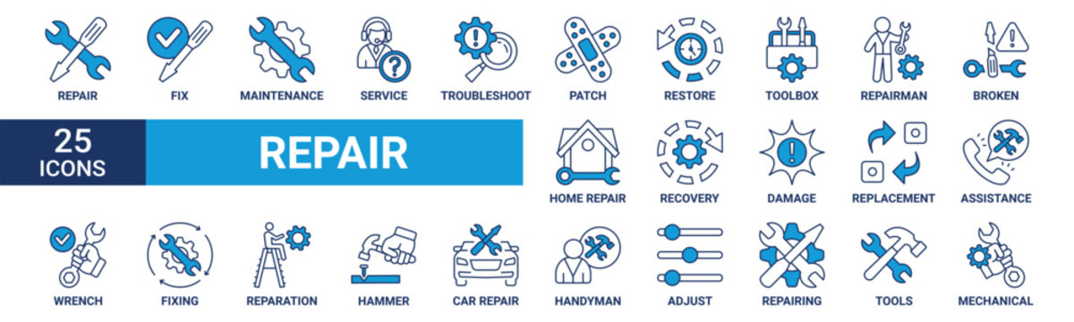 Repair icon set. Containing fix, home and car repair, maintenance, toolbox and repairman service icons. Blue icon collection. Vector illustration.