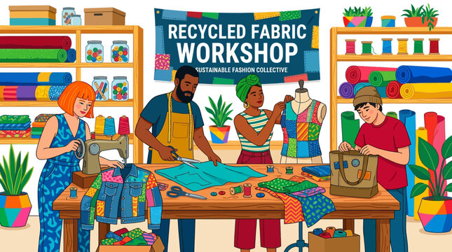 Diverse artisans skillfully create unique sustainable fashion items from recycled fabrics in a workshop.