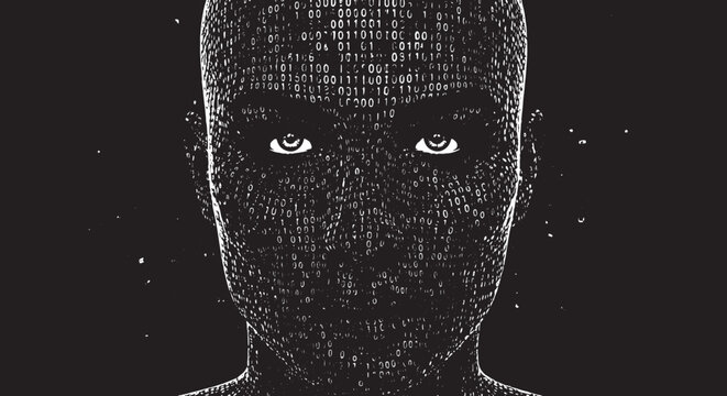 Artificial intelligence concept with human face composed of binary code. Digital cyborg head silhouette representing machine learning and data processing