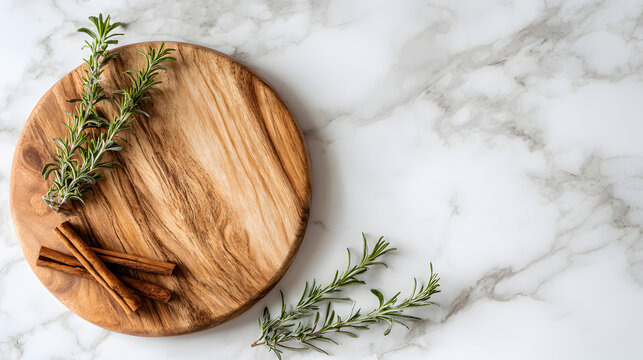 Minimalist circular wooden platter on white marble with rosemary, cinnamon, and central copy space