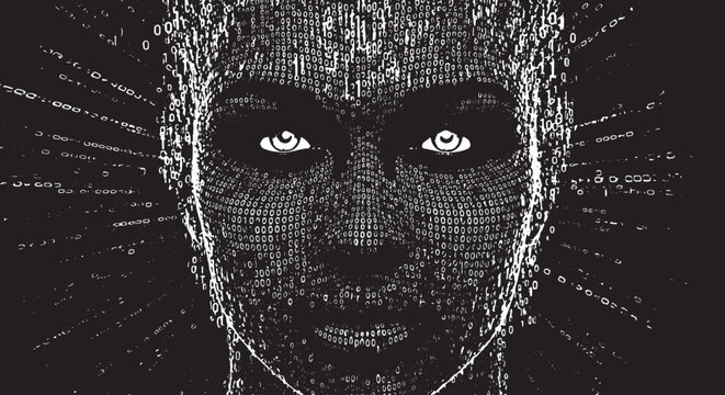 Artificial intelligence concept with human face composed of binary code. Digital cyborg head silhouette representing machine learning and data processing