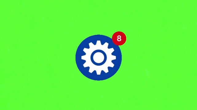 A blue gear icon with a red notification bubble indicating new settings updates, presented on a green background for easy integration into digital content and user interfaces