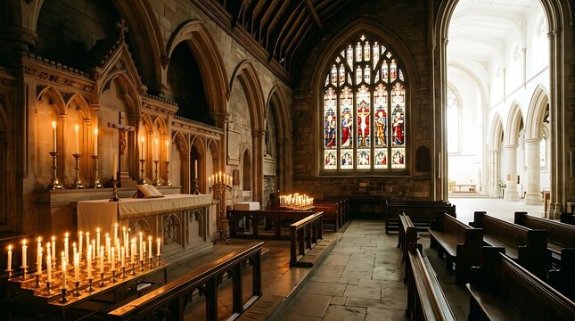 Interior of an ancient church with rows of wooden pews, an altar, and a large stained glass window illuminated by natural light and many lit candles.