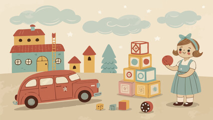 Naklejka premium Cute little girl playing with toys in a whimsical nursery room, vintage style illustration with a toy car, building blocks, and a dollhouse