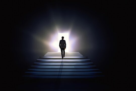 Businessman Walking Toward Bright Opportunity Door