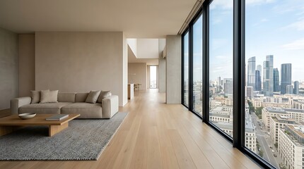 Fototapeta premium Modern luxury apartment with panoramic city view and contemporary living room interior design featuring sofa and large windows