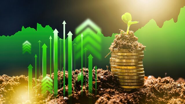 Green investment growth concept with coins and plant