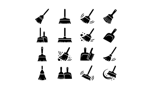Minimal broom and dust cleaning silhouette icons isolated vector elements for housekeeping tools and sanitation graphics