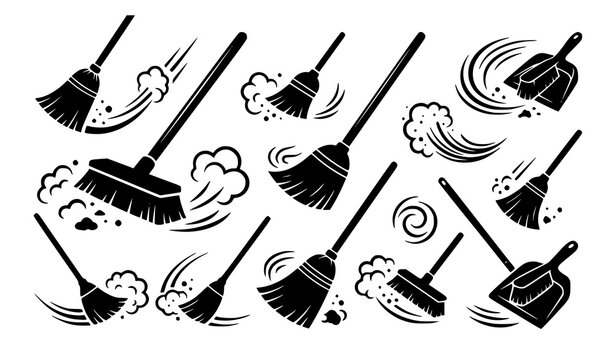 Dynamic broom cleaning silhouettes with sweeping dust motion icons in flat black vector style isolated on white background