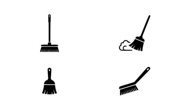 Cleaning broom and dust sweep silhouette icon set with modern minimal black vector symbols for housekeeping and sanitation design