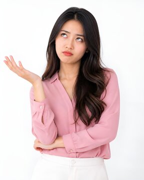 Confused asian woman shrugging shoulders and looking up with white background