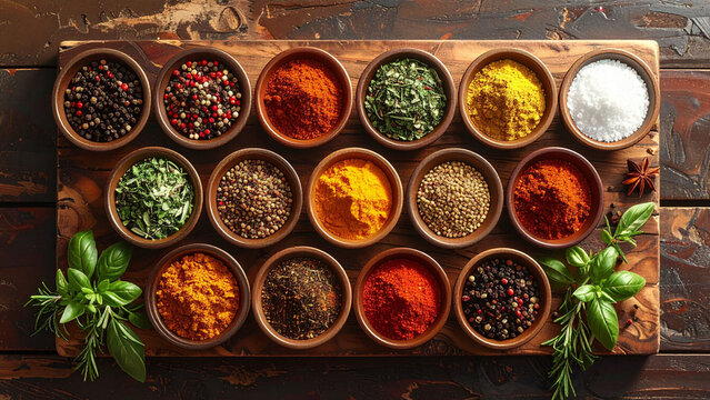 Assorted spices and herbs in bowls on wooden board for cooking and seasoning food background ingredient concept