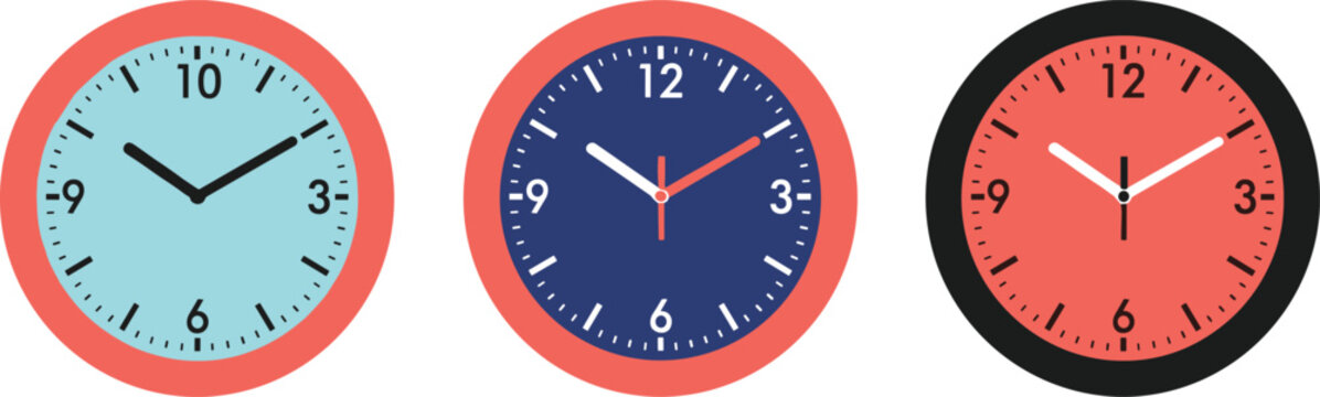 Set of 3 Colorful Analog Clock Icons with Different Time Displays for Digital Media, Time Management, and Scheduling Applications