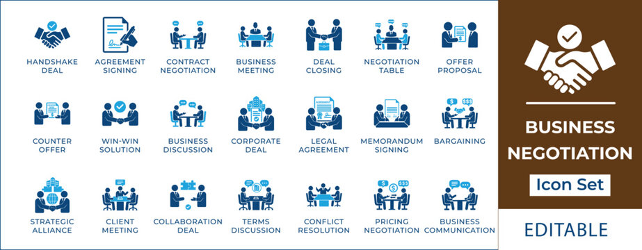 Business negotiation icon set featuring handshake deal, contract signing, meeting discussion, partnership agreement, offer and counteroffer, and professional corporate cooperation.