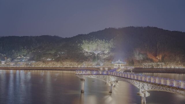 안동 월영교 겨울 야경 HDR 타임랩스, 낙동강 위 전통 다리 조명과 강 반영