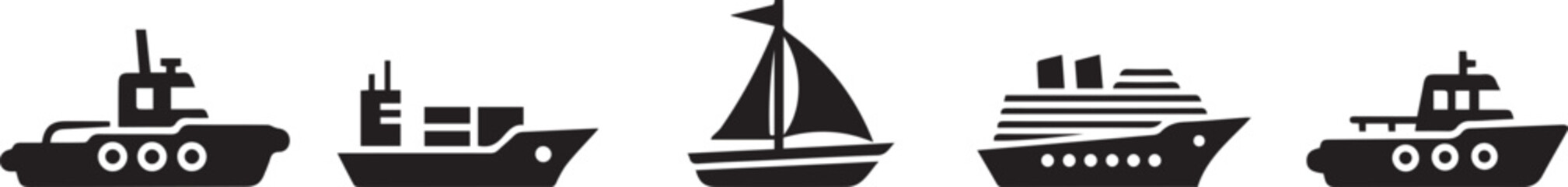Ship Boat Icon Set Marine Transport Symbols Collection Cargo Cruise Sailing Vessel Nautical Sea Travel Vector Illustration Isolated on White © MD