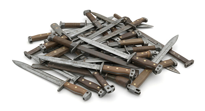 Numerous antique bayonets stacked in a disorderly pile, isolated on a bright white surface for historical reference