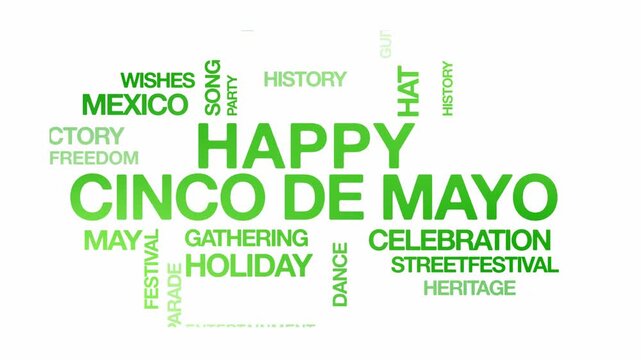 happy Cinco de Mayo concept Animated Tag Word Cloud kinetic typography, Text Design Animation typography seamless loop video motion graphics Intro Wordart tagcloud green type on white background bg ba