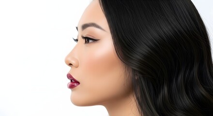 Fototapeta premium Portrait of beautiful woman looking left side clean white background