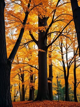 Golden leaves rustle beneath towering trees as squirrels scamper up trunks, harvest, landscape