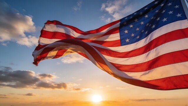 American flag waving in sunset sky