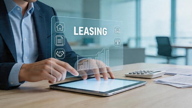 Businessman interacting with holographic leasing interface on tablet digital contract management financial data analysis office technology concept corporate investment strategy