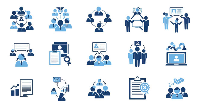 This vector illustrates human resource management icons focusing on recruitment, teamwork, professional development, and business communications.