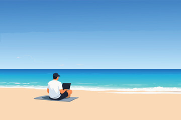 Fototapeta premium Remote work on beach with laptop showing balance of technology and relaxation in outdoor lifestyle scene