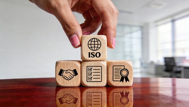 Business hand placing wooden ISO cube on stack international standardization symbol quality control agreement handshake icon checklist verification document with seal ribbon