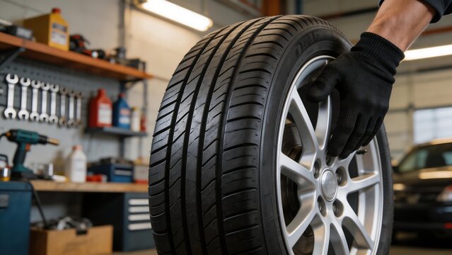 Person holding tire in auto repair shop