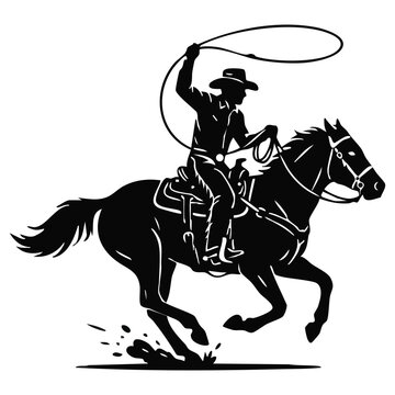 Cowboy silhouette with rope lasso on horse vector illustration isolated on white background for rodeo western design
