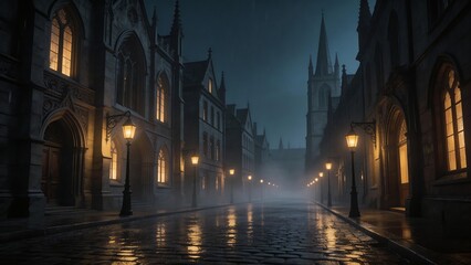 Fototapeta premium Gothic street at night with fog