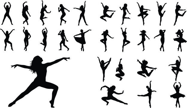 Dancer, silhouettes, set, woman, ballet, jumping, spinning, performance, contemporary, rhythmic, gymnastics, athletic, yoga, pose, exercise, collection, isolated, white, background, vector