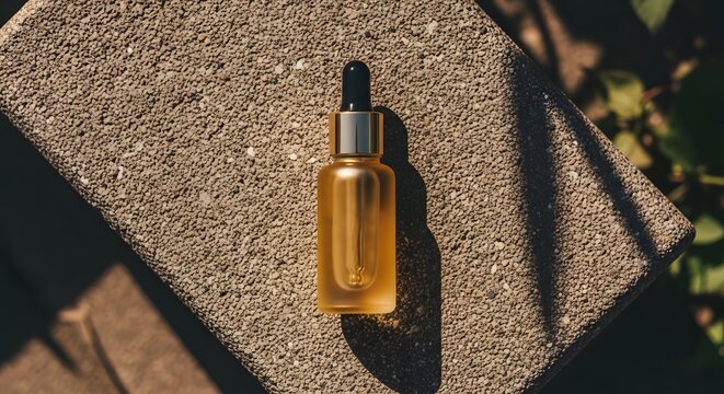 Small amber dropper bottle on rough concrete surface outdoors