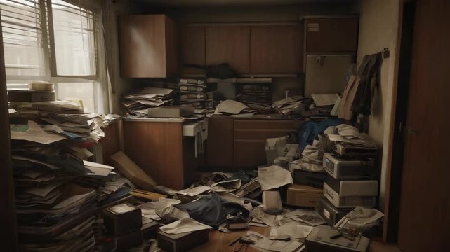 Overwhelmed Home Office: Cluttered Desk with Vintage Technology and Piles of Paperwork Reflecting Stress and Disorganization.