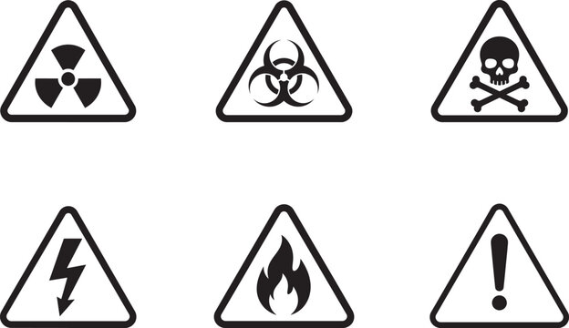 Collection of Safety Hazard Warning Icons with Radiation Biohazard Electric and Fire Symbols