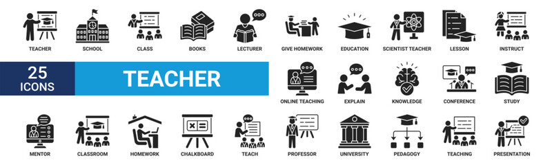 Naklejka premium Teacher icon set. Containing lesson, class, school, teaching, mentor, professor, education, books, instruct, knowledge and pedagogy. Vector glyph symbol collection.