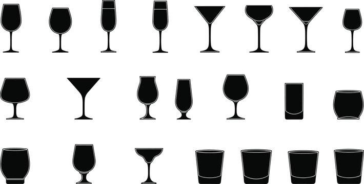  Silhouette collection of diverse drinking glasses including wine, martini, champagne, cocktail, tumbler, and snifter designs for barware illustration